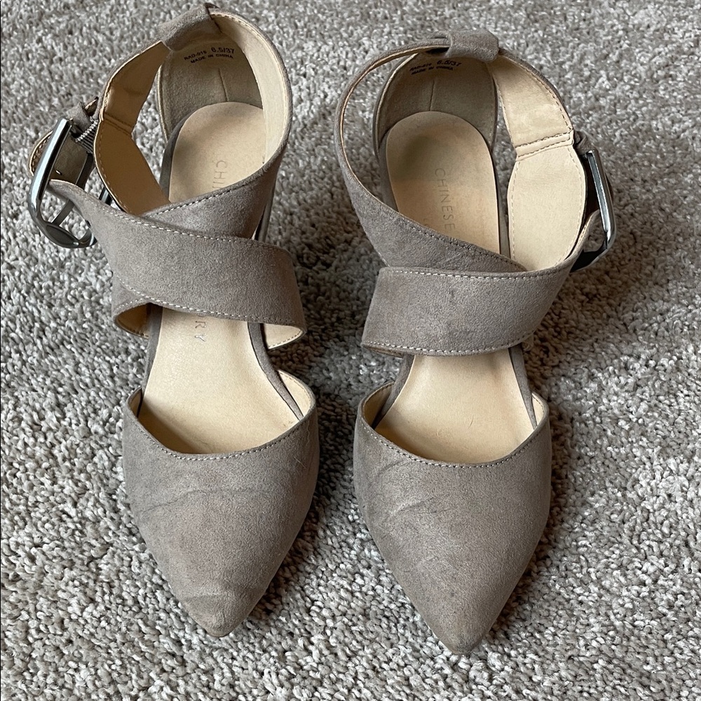 Chinese Laundry Taupe Suede Heels with Ankle Strap